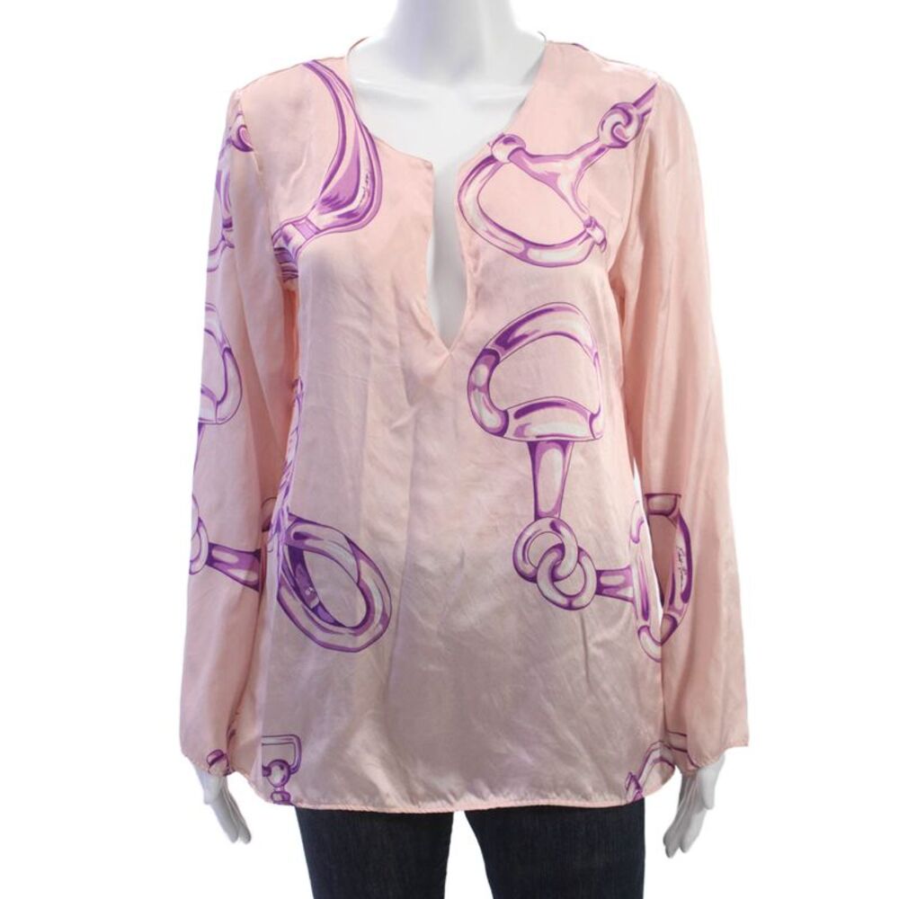 Robert Friedman Womens Silk Chain Print V-Neck Tunic Pink Long Sleeve Size M